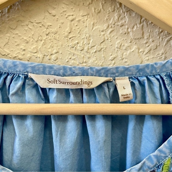 Soft Surroundings Top Peasant Cotton Poplin Embroidered Tassel Artsy Boho Blue L - Picture 6 of 7